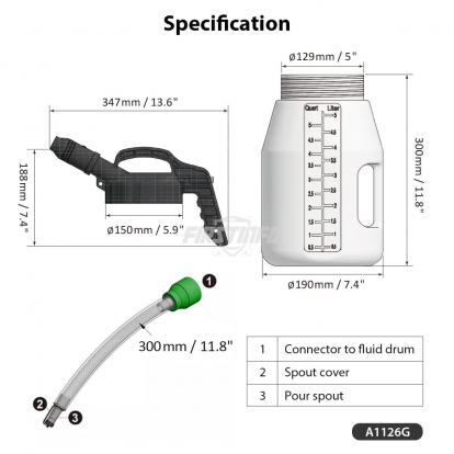 A1126B Fluid Drum with Pour Spout, 160mm Extension Tube, 5-Liter of Capacity