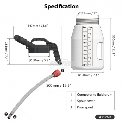 A1126R Fluid Drum with Pour Spout, 500mm Extension Tube, 5-Liter of Capacity