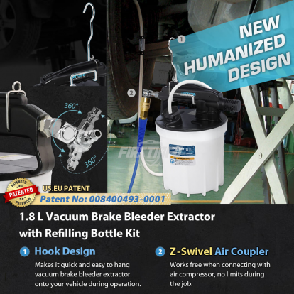 Patented 1.8 Liter Vacuum Brake Bleeder Extractor with Refilling Bottle Kit