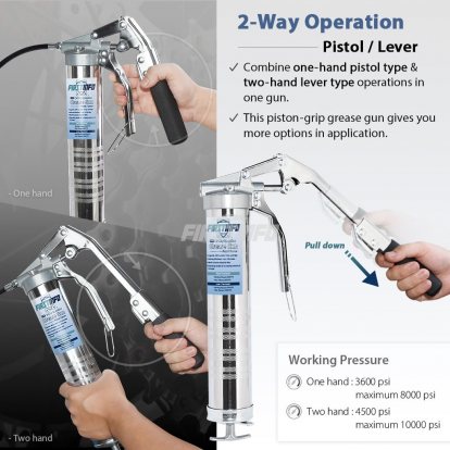 Manual Grease Gun with Two-Way Operated Pistol Grip/Lever Action, Applicable to 14 Ounce Cartridges or 400 c.c. Bulk, Heavy Duty Steel Construction for Lubricating