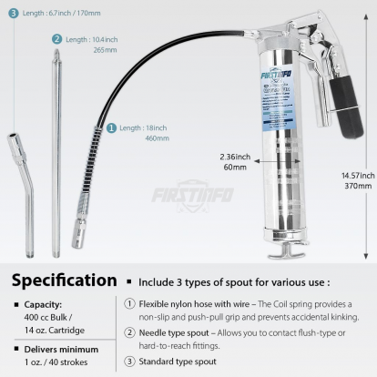 Manual Grease Gun with Two-Way Operated Pistol Grip/Lever Action, Applicable to 14 Ounce Cartridges or 400 c.c. Bulk, Heavy Duty Steel Construction for Lubricating