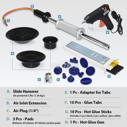 Pneumatic Dent Puller Kit- Vacuum Suction/Slide Hammer/Glue Gun, Sticks, and 10 Puller Tabs