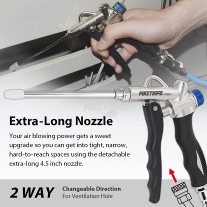 2-Way Air Blow Gun with Adjustable Air Flow and Extended Nozzle & Extra Shortest Nozzle