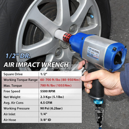 1/2" 700 ft/lbs 8 Selection Heavy Duty Dr. Air / Pneumatic Aluminum Impact Wrench