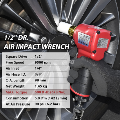 1/2" Twin Hammer Mini Air Impact Wrench- Vacuum Uptake Design, Lightweight, 4-Mode Control, 500ft-lbs