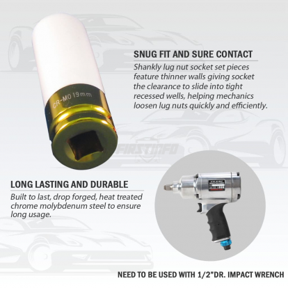 1/2-Inch Impact Drive Lug Nut 19 mm CR-MO Deep Wheel Protector Impact Socket