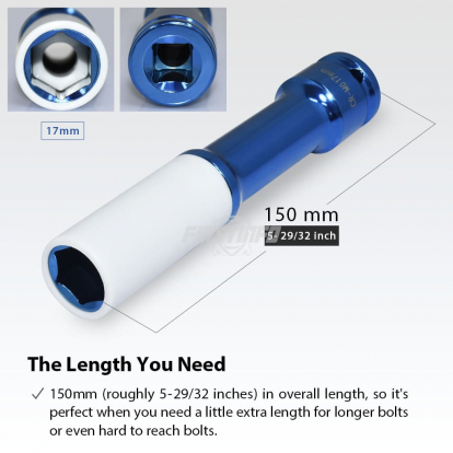 1/2-Inch Impact Drive Lug Nut Socket 17mm CR-MO Thin-Walled Wheel Rim Protector, 150mm Long, Non-Marring