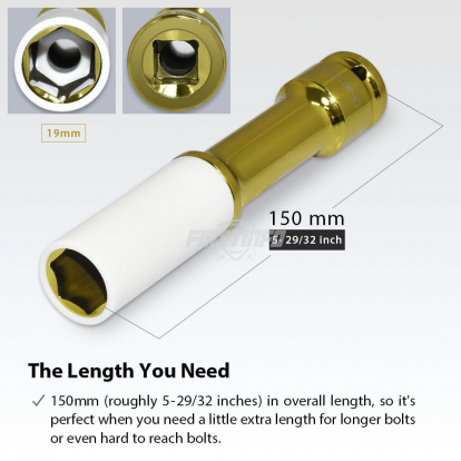 1/2-Inch Impact Drive Lug Nut Socket 19mm CR-MO Thin-Walled Wheel Rim Protector, 150mm Long, Non-Marring