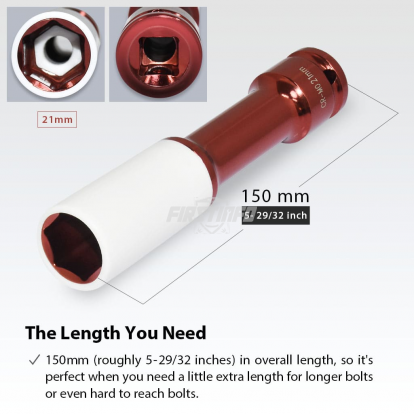 1/2-Inch Impact Drive Lug Nut Socket 21mm CR-MO Thin-Walled Wheel Rim Protector, 150mm Long, Non-Marring