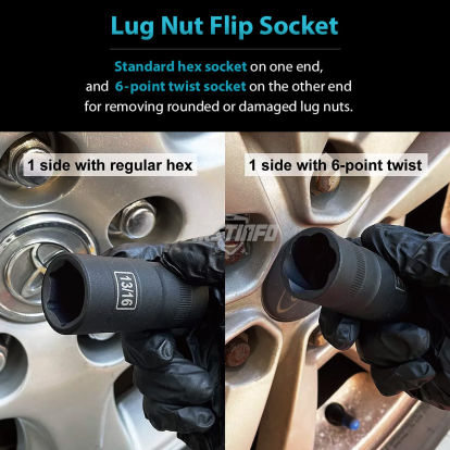 Hex/Twist Flip Socket Set for Wheel Lug Nut -5-Piece w/Extension Bar, 1/2” Drive