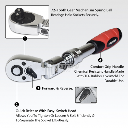 3/8" Dr. 72T Locking Flexible Extendable Ratchet Wrench Handle