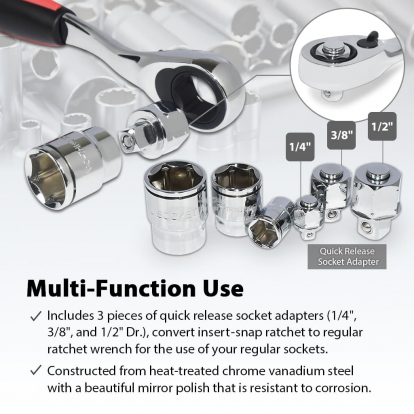 Low Profile Go-Through Socket Wrench 52 Pcs Set SAE/Metric, 1/4" 3/8" 1/2" Wrench, Spline Sockets For Damaged Fasteners