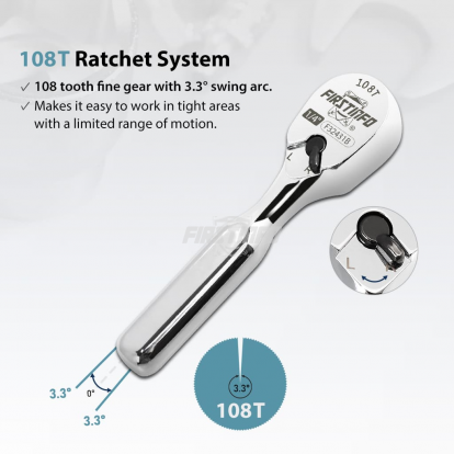 1/4" Drive Ratchet Handle Wrench 108-Tooth Sealed Head Design Stubby Ratchet Handle Reversible