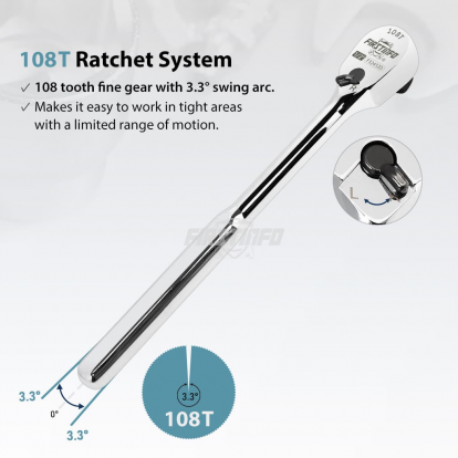 1/2" Drive Ratchet Handle Wrench 108-Tooth Sealed Head Design Stubby Ratchet Handle Reversible