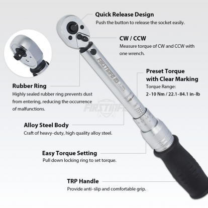 1/4" Adjustable Torque Wrench 2~10 N.M/ 22.1~84.1 IN-LB