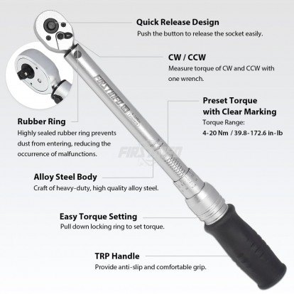 F326502B 1/4" Adjustable Torque Wrench 4~20 Nm / 39.8~172.6 IN-LB