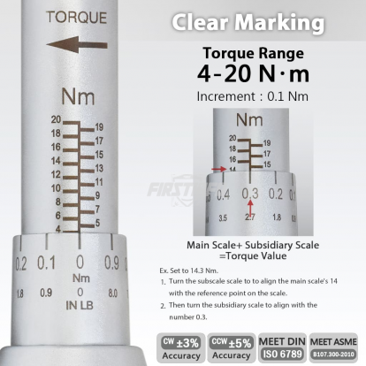 F326502B 1/4" Adjustable Torque Wrench 4~20 Nm / 39.8~172.6 IN-LB