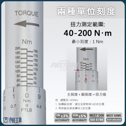 4分可調扭力扳手 40~200 Nm (Nm / Ft 雙刻度)