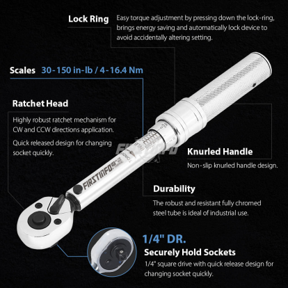 F326701B 1/4" Dr. Adjustable Torque Wrench 30-150in-lbs/4-16.4Nm