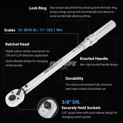 F326703C 3/8" Dr. Adjustable Torque Wrench 10-80ft-lbs/17-105.1Nm