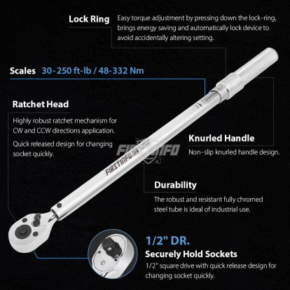 F326706D 1/2" Dr. Adjustable Torque Wrench 30-250ft-lbs/48-332Nm