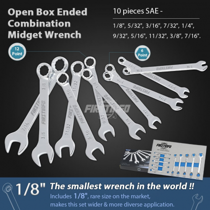 Mini SAE 1/8" - 7/16" 10-pieces Combination Wrench Set, 12-Point + 6-Point, Lightweight Midget Wrench Set w/ Chrome Vanadium Steel Construction