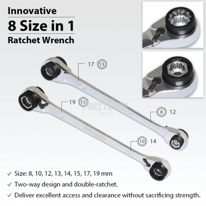 8 in 1 (8~19mm) 12-Point (90T) Ratcheting Wrench