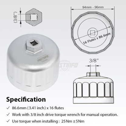 F3545E 3/8" Oil Filter Wrench 86.6 mm 16 Flutes For Volvo Cartridge Style Oil Filter Housing Caps