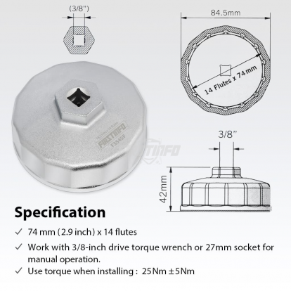 F3545F 3/8" Oil Filter Wrench 74mm 14 Flutes for Mercedes Benz, Ford, Mazda, VW, Audi, Porsche, Volkswagen