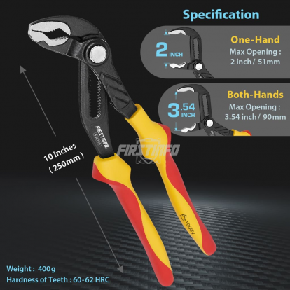 VDE Insulated Water Pump Plier 1000 Volt Push Button Type, 10 inches