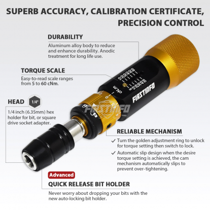 1/4" (6.35mm) Hex. Drive 0.05~0.6 N.m. Mini Adjustable Torque Screwdriver (with Quick Release Bit Holder)