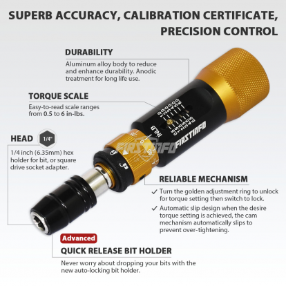 1/4" (6.35mm) Hex. Drive  0.5~6 in-lbs Mini Adjustable Torque Screwdriver (with Quick Release Bit Holder)