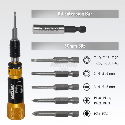 H5177Y1 1/4" 0.05~0.6 N.m Mini Adjustable Torque Screwdriver w/ 20pcs Screwdriver Bits & Extension Holder