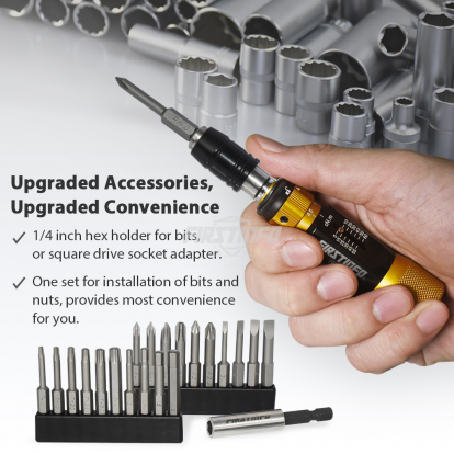 1/4 Inch Universal Hex Quick Release Bit Holder, 5-60 cNm (0.05-0.6 Nm) w/ 20pcs Screwdriver Bits & Extension Holder