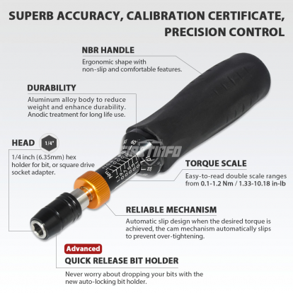 1/4" (6.35mm) Hex. Drive 0.1~1.2 N.m. / 1.33~10.18 In-lbs Adjustable Torque Screwdriver (with Quick Release Bit Holder)