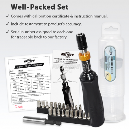 1/4" (6.35mm) Hex. Drive 0.1~1.2 N.m. / 1.33~10.18 in-lbs Adjustable Torque Screwdriver with 21 Pieces Bits Kit