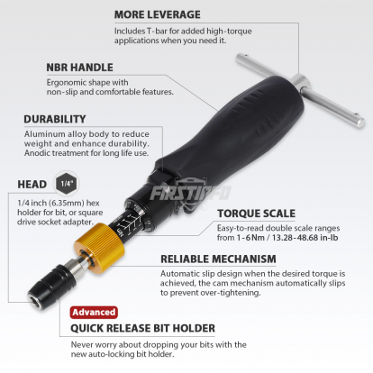 1/4" (6.35mm) Hex. Drive 1~6 N.m. / 13.28~48.68 in-lbs Adjustable Torque Screwdriver