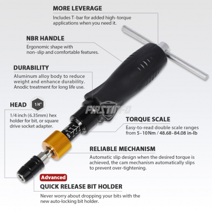 1/4" (6.35mm) Hex. Drive 5~10 N.m. / 48.68~84.08 in-lbs Adjustable Torque Screwdriver with 21 Pieces Bits Kit