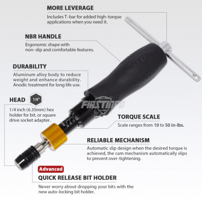 1/4" (6.35mm) Hex. Drive 10~50 in-lbs Adjustable Torque Screwdriver (with T-Handle & Quick Release Bit Holder)