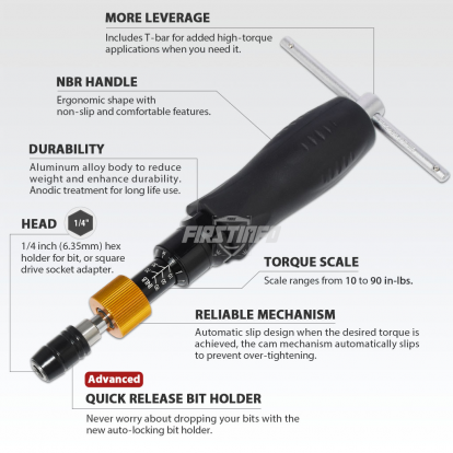 1/4" (6.35mm) Hex. Drive 10~90 in-lbs Adjustable Torque Screwdriver (with T-Handle & Quick Release Bit Holder)