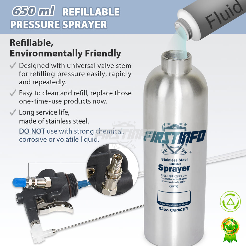 Patented 650c.c. (21.9 US fl. oz) Stainless Steel Canister Aerosol  Refillable Fluid Spray Can/Pneumatic